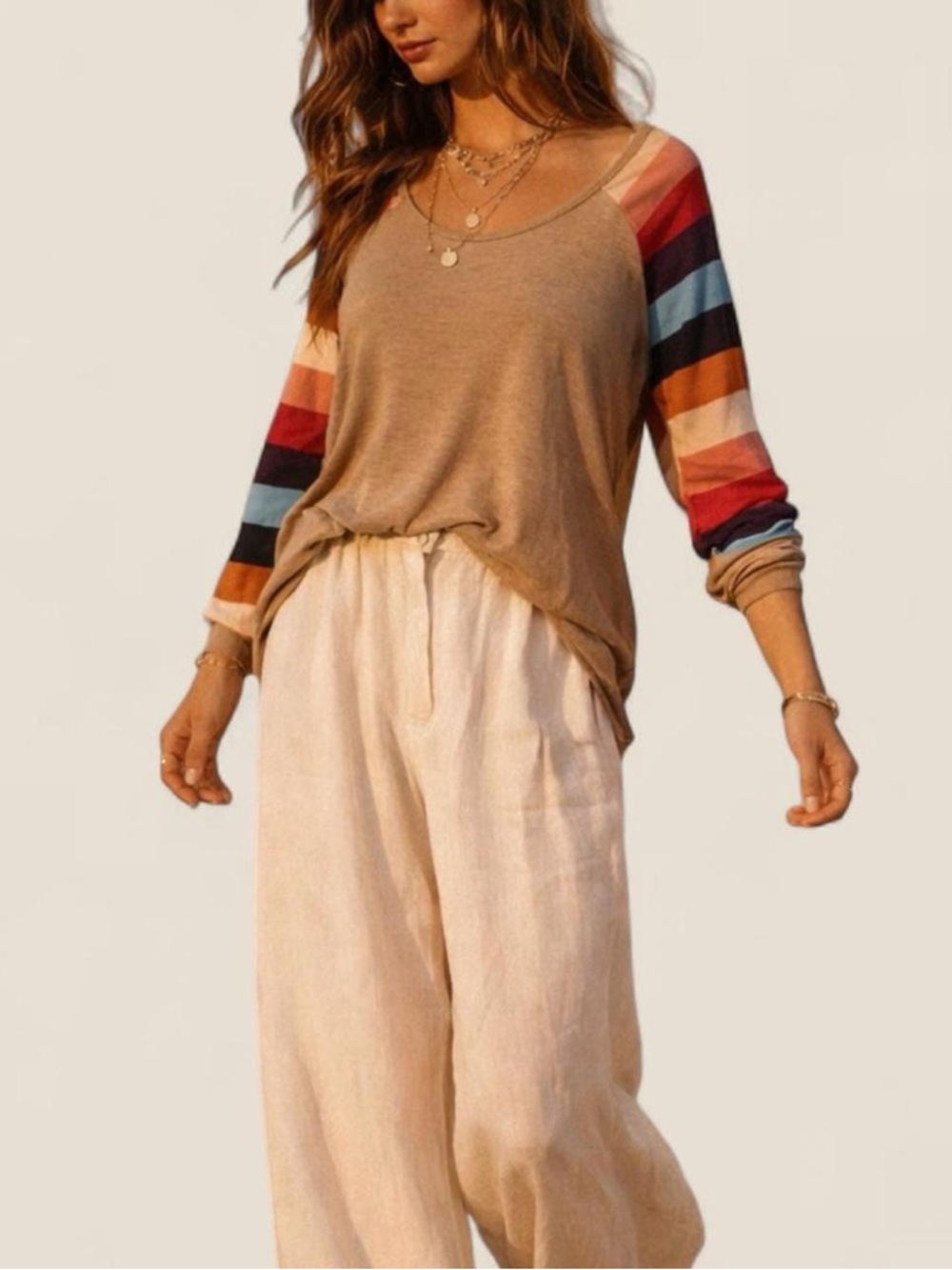 Boho rainbow sleeve neutral top indie desert Coachella umgee | large